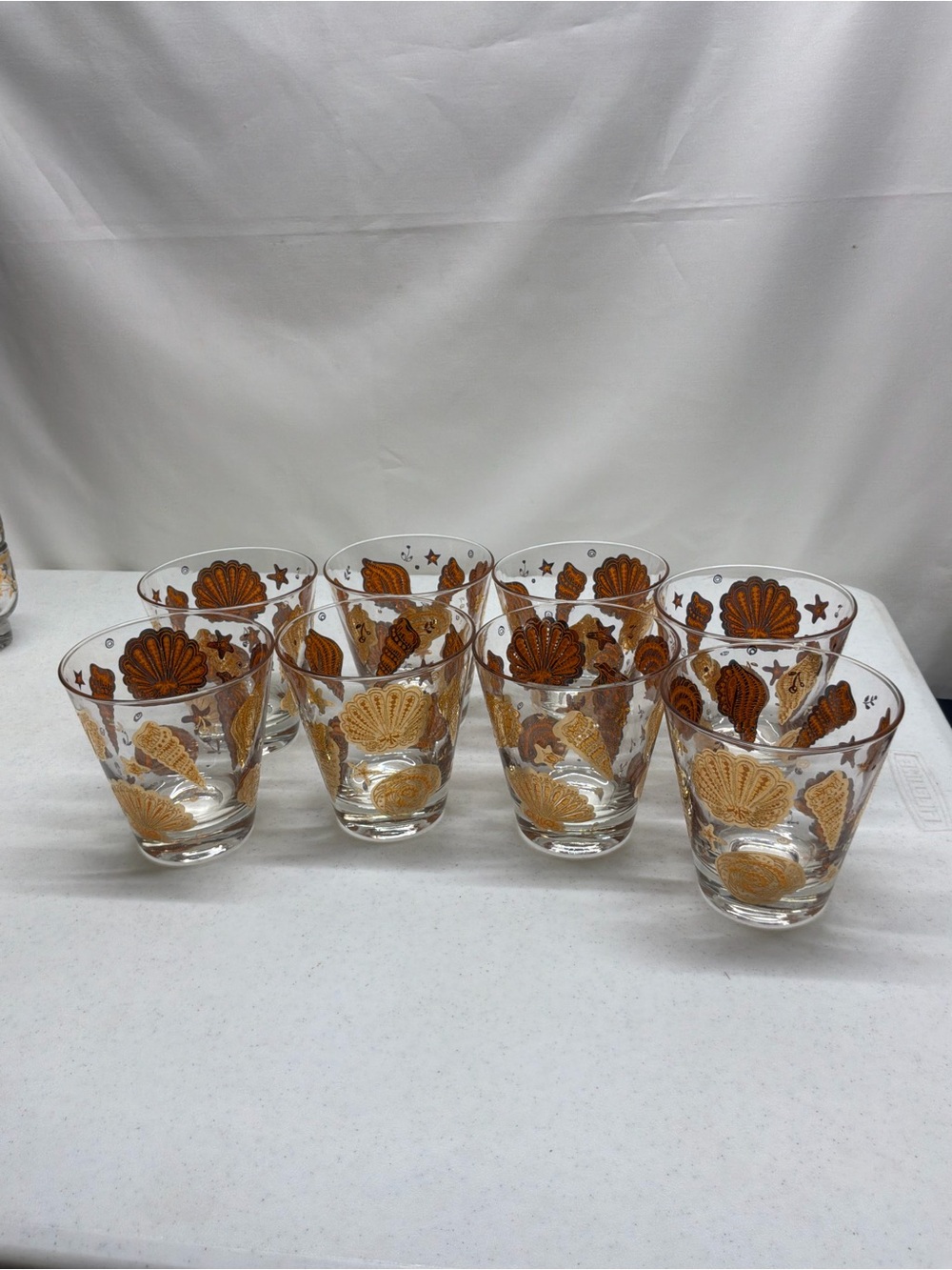 Culver MCM 22K Gold & Orange Seashells Double Old Fashioned Glasses Set of 8